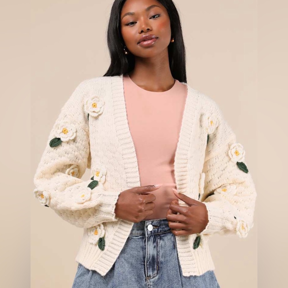NWT Lulus Chosen Charm Cream Knit Floral Embroidered Cardigan